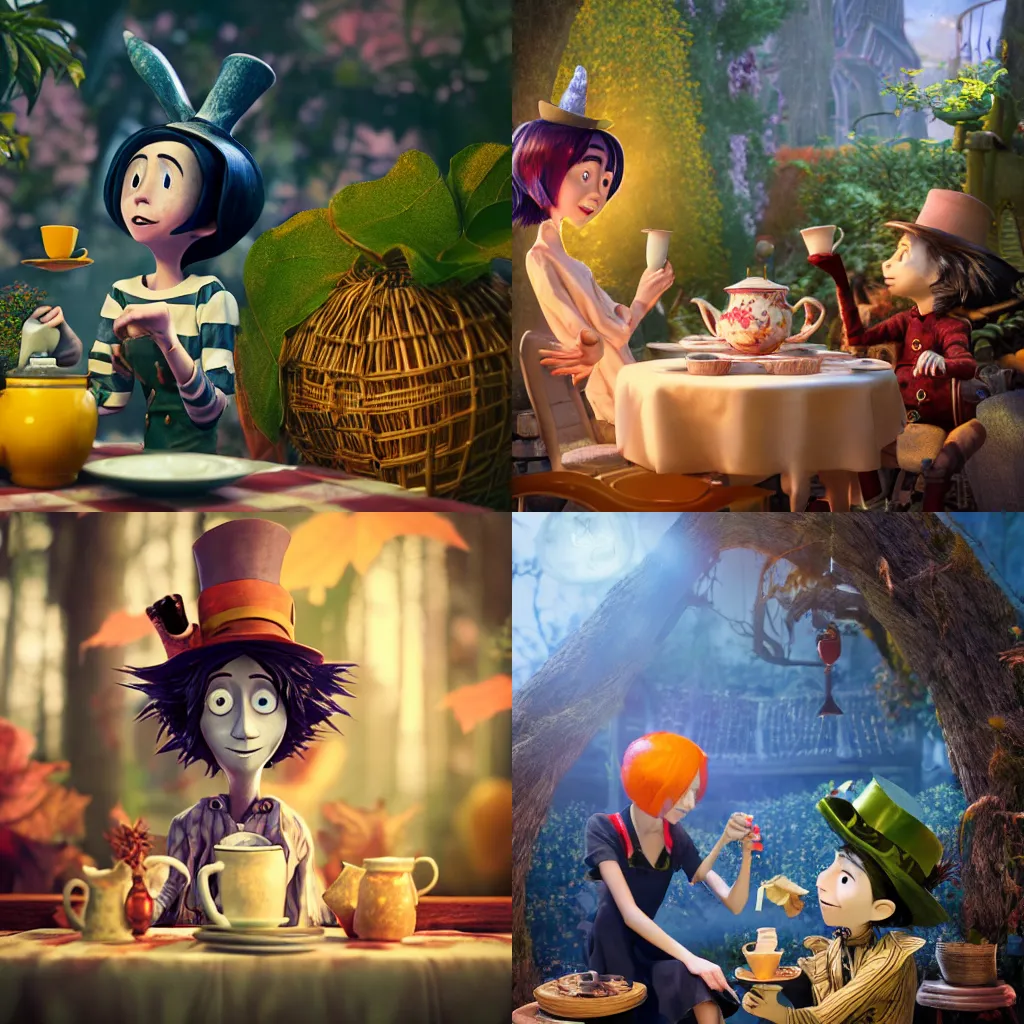 Prompt: coraline drinking tea with the mad hatter. studio ghibli, unreal 5, daz, hyperrealistic, octane render, cosplay, rpg portrait, dynamic lighting, intricate detail, harvest fall vibrancy, cinematic