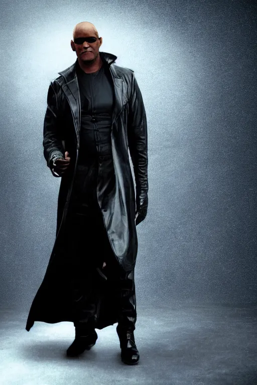 Prompt: a digital photograph of morpheus, played by lawrence fishburne, as he returns to the matrix, wearing sun glasses and black leather trench coat, the matrix is all around him, digital photograph, extremely detailed, dark lighting, sharp focus, unreal engine, concept art, 8 k