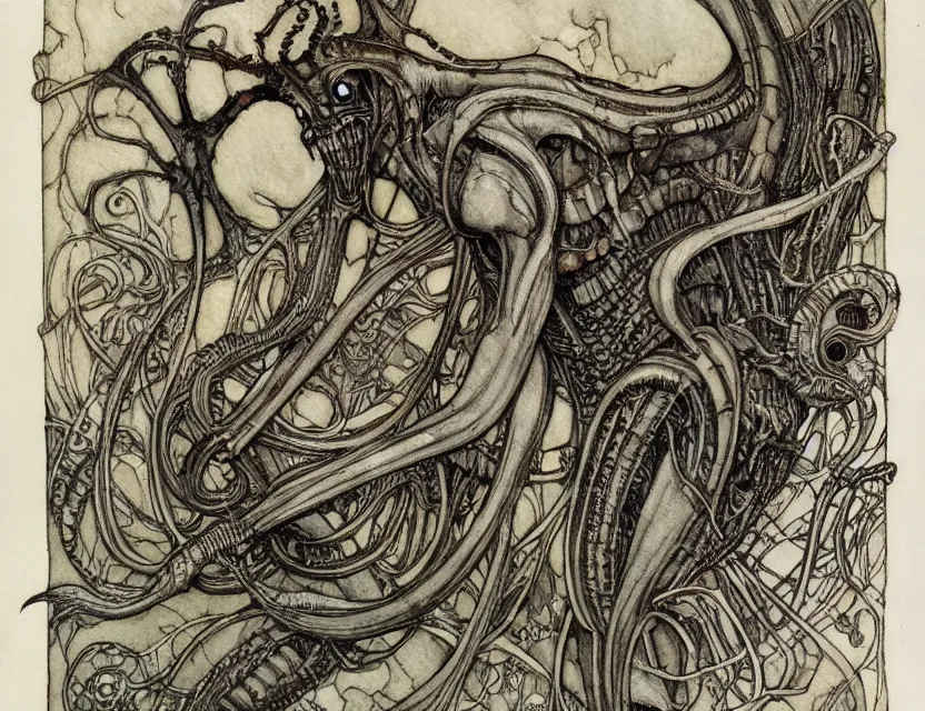 Image similar to a detailed, intricate watercolor and ink art nouveau portrait illustration with fine lines of h. r. giger's xenomorph, by arthur rackham and edmund dulac and lisbeth zwerger and alphonse mucha