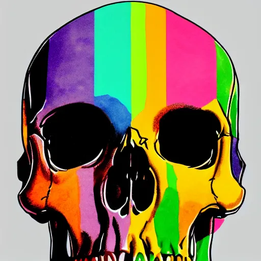 Image similar to Human skull in LGBT+ pride flag colors, rainbow skull, ultra detailed drawing, high-quality art, trending on Artstation