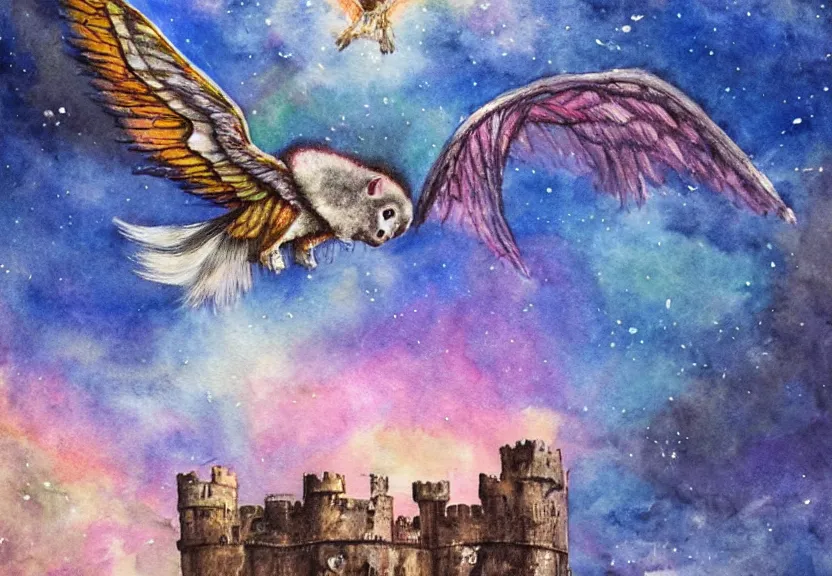 Image similar to legendary rainbow winged possum flying over a medieval castle at night under the dark starred sky, dark fantasy, watercolor, dreaming illusion, highly detailed, 4k, trending on Artstation