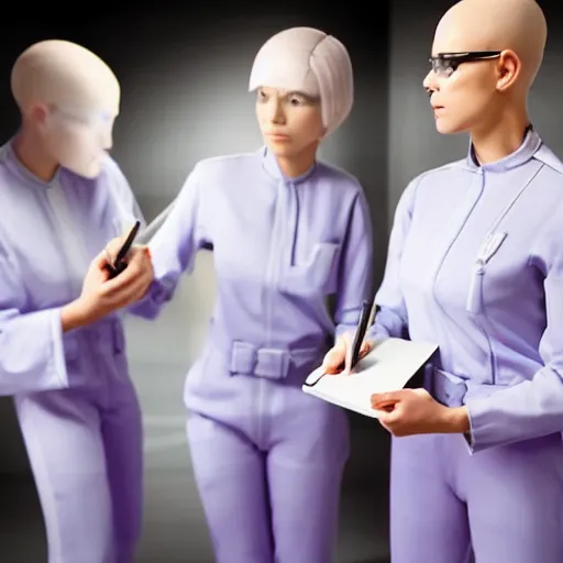 Image similar to troop of very short cloned women with white bob hairdos, tight light blue and lavender jumpsuits, standing next to tall scientist looking at a clipboard, futuristic cloning facility, sci - fi, highly detailed, cinematic