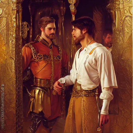 Image similar to attractive fully clothed king confesses his love for his attractive fully clothed male prince. highly detailed painting by gaston bussiere, craig mullins, j. c. leyendecker 8 k