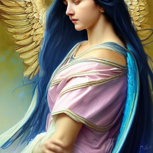 Image similar to Portrait of beautiful young female archangel girl maiden angel wearing flowing robes, long cyan hair, luminescent blue eyes, vivid colors, colorful, photorealistic, high dynamic range, HDR, intricate, elegant, highly detailed, digital painting, artstation, concept art, smooth, sharp focus, illustration, art by artgerm and greg rutkowski and alphonse mucha and andrei riabovitchev