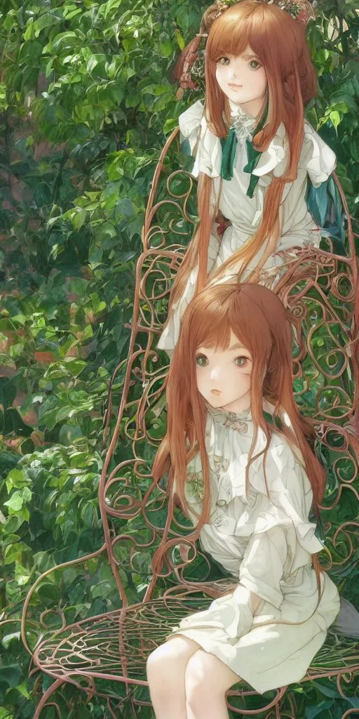 Image similar to a close up of a loli with long hair in a dress sitting on a metal garden chair in the privet garden at afternoon, green and warm theme, back lighting, by krenz cushart and mucha and akihito yoshida and greg rutkowski and studio ghibli, detailed eyes, 4 k resolution, trending on art station