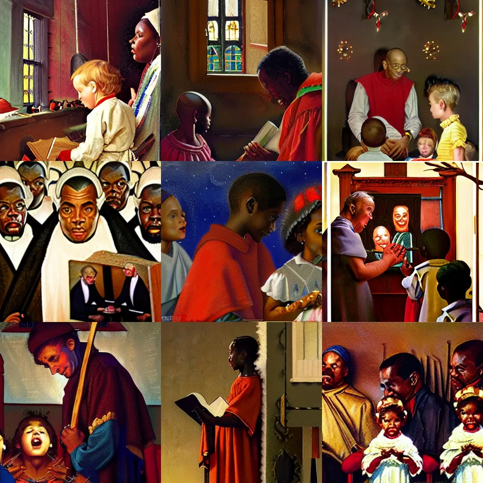 Prompt: black church nativity play, painting by norman rockwell, trending on artstation, amazing details