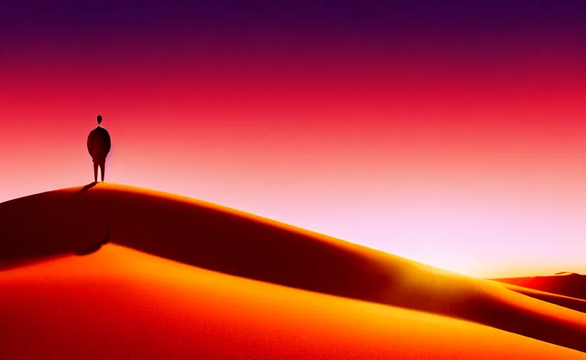 Image similar to a man on a sand dune, silhouetted against the horizon, desert landscape, simple robe blowing in the wind, sun setting, orange and red sky, detailed, futuristic, volumetric light, intricate, detailed, photorealistic imagery, artstation