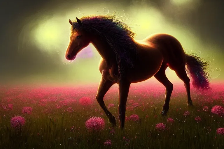 Image similar to a stunning digital painting of a horse with a mane of bioluminescent flowers running through a field of flowers by greg rutkowski, flowercore, volumetric light, digital art, fine detail, photorealistic