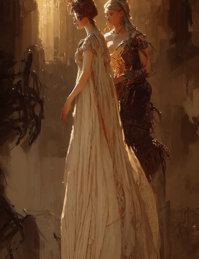 Image similar to portrait of a lady in a long dress, concept art, intricate details, very detailed works by greg rutkowski, gaston bussiere, craig mullins, simon beasley