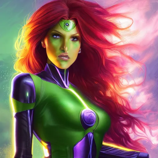 Image similar to ultra realistic illustration, bella thorne as jainway as starfire anime with glowing green eyes, intricate, elegant, highly detailed, digital painting, artstation, concept art, smooth, sharp focus, illustration, art by artgerm and greg rutkowski and alphonse mucha