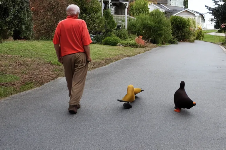 Image similar to Old man walking his platypus on a residential street