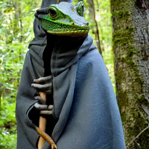 Image similar to medieval cloak wearing anthro lizard, photograph captured in the woods