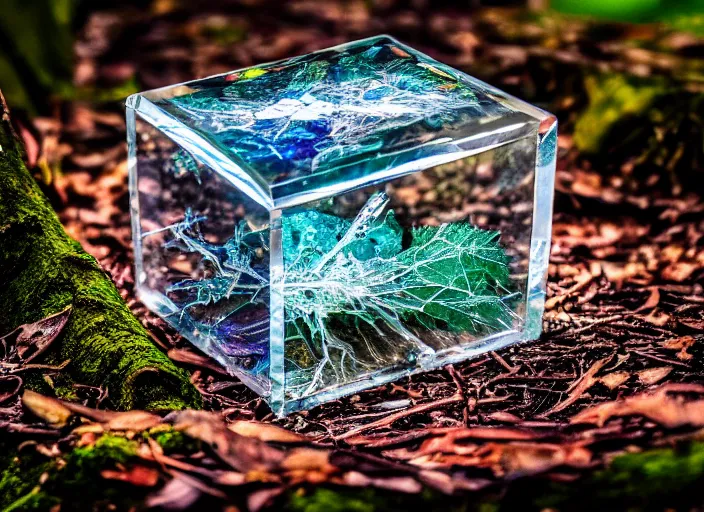 Image similar to photo of a crystal box with wonders inside in the forest. Fantasy horror style. Highly detailed 8k. Intricate. Nikon d850 55mm. Award winning photography.