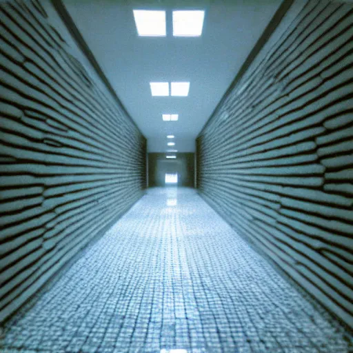 Image similar to Beautiful Fuzzy wide-eye-lens 15mm, harsh flash, cameraphone 2002, Photograph of an tiled infinite foggy foggy foggy liminal pool pool hallway hallway hallway with archways and water on the floor