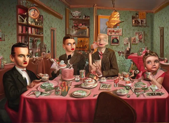 Prompt: inside 1 9 5 0 s dinner, lowbrow, matte painting, 3 - d highly detailed, in the style of mark ryden,