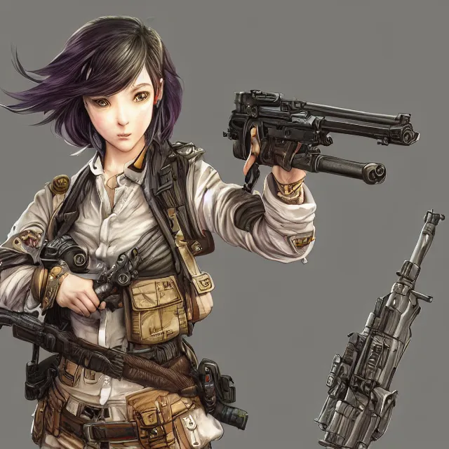 Image similar to the portrait of lawful neutral semi - colorful female infantry gunner as absurdly beautiful, gorgeous, elegant, young anime girl, an ultrafine hyperdetailed illustration by kim jung gi, irakli nadar, intricate linework, bright colors, octopath traveler, final fantasy, unreal engine 5 highly rendered, global illumination, radiant light, detailed and intricate environment