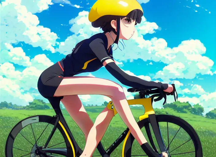 Prompt: portrait of cute girl riding road bike, sunny sky background, lush landscape, illustration concept art anime key visual trending pixiv fanbox by wlop and greg rutkowski and makoto shinkai and studio ghibli and kyoto animation, symmetrical facial features, sports clothing, yellow helmet, nike cycling suit, backlit, aerodynamic frame, riding pose