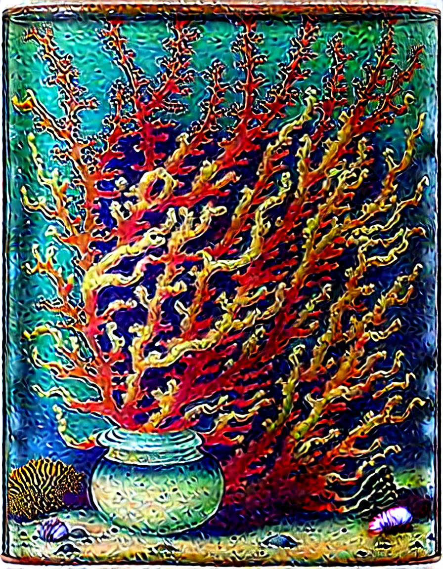 Prompt: bottle vase of coral under the sea decorated with a dense field of stylized scrolls that have opaque outlines enclosing mottled blue washes, with orange shells and purple fishes, ambrosius bosschaert the elder, oil on canvas, surrealism