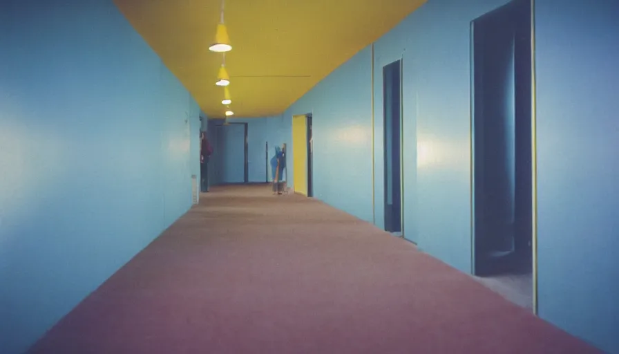 Prompt: 60s movie still of an empty sauna corridor fade yellow light and light blue tiles floor in the backrooms, random people , cinestill 800t 50mm eastmancolor, liminal Space style, heavy grain