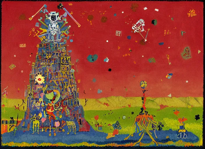 Image similar to pixel decollage painting tarot lovers card composition tower of babel road red armor maggot bear and wonky alien frog skeleton knight on a horse in a dark red cloudy night sky with golden foil jewish stars and diamonds, mountain lake and blossoming field in background, painted by Mark Rothko, Helen Frankenthaler, Danny Fox and Hilma af Klint, pixelated, neo expressionism, semi naive, pastel colors, cinematic, color field painting, cave painting, voxel, pop art look, outsider art, minimalistic. Bill Traylor painting, part by Philip Guston, Amano and Francis Bacon. art by Adrian Ghenie and Storm Thorgerson, very coherent symmetrical artwork, cinematic, hyper realism, high detail, octane render, unreal engine, Smooth gradients, depth of field, full body character drawing, extremely detailed, 8k, extreme detail, intricate detail, masterpiece