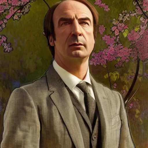 Prompt: saul goodman portrait picture by alfons mucha, golden hour, realistic, body shot, sharp focus, 8 k high definition, insanely detailed, intricate, elegant, cherry blossoms