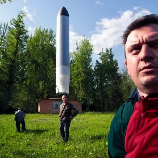 Image similar to selfie, funny intimidated ukrainian against the background of a fallen huge nuclear missile in his yard