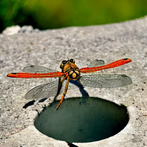 Prompt: dragonfly in a bathtub in the alps, goats! in background