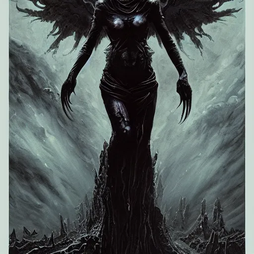 Image similar to evil, lovecraftian, mystic occult arcane, undead, eldritch fallen angel sorcereress alien. dark fantasy art by greg rutkowski, jim burns, gustave dore, amanda sage and junji ito. 8 k resolution concept art photorealism poster art