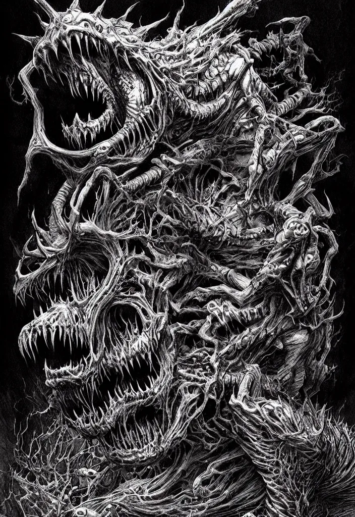 Prompt: a strange eerie magical scary creature in an eerie uncanny hell, transluscent neon, horror, concept art, detailed, intricate, award - winning, cinematic, by kentaro miura