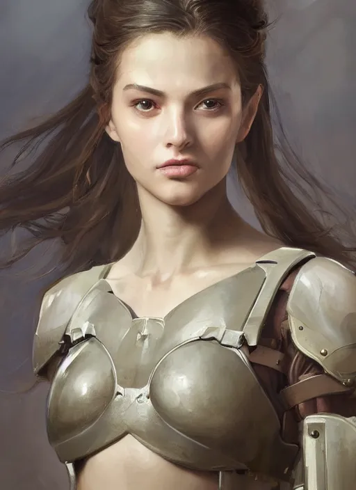 Image similar to a professional painting of a beautiful young female, clothed in military armor, olive skin, long dark hair, beautiful bone structure, symmetrical facial features, intricate, elegant, digital painting, concept art, smooth, sharp focus, illustration, from Metal Gear, by Ruan Jia and Mandy Jurgens and Artgerm and William-Adolphe Bouguerea