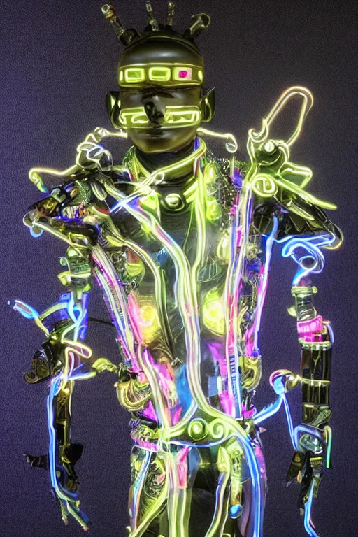 Prompt: full-body neon porcelain bladerunner style sculpture of a young handsome Peruvian ninja as a half android with a porcelain chest opening exposing circuitry and electric sparks, glowing laser beam eyes, crown of giant diamonds, flowing neon-colored silk, fabric, raptors. baroque elements. full-length view. baroque element. intricate artwork by caravaggio. Very very very very highly detailed epic photo of face. Trending on artstation, octane render, cinematic lighting from the right, hyper realism, octane render, 8k, depth of field, 3D