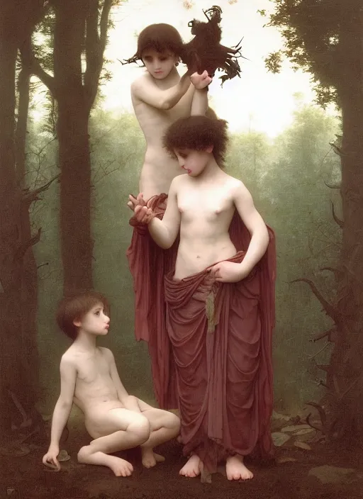 Image similar to boy and girl in pagan clothes performing an occult ritual on a goat in a deep thorns bones bloody forest, by william-adolphe bouguereau and Takato Yamamoto, high resolution, rendered in octane 3d