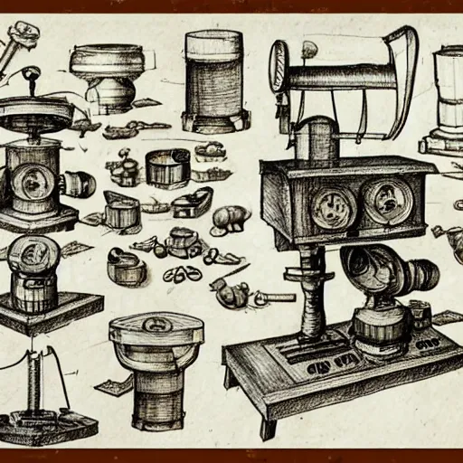 Image similar to various sketches of a mechanical coffee grinder in the style of leonardo da vinci, ultra detailed, scribbles, technical drawing, engineering blueprints