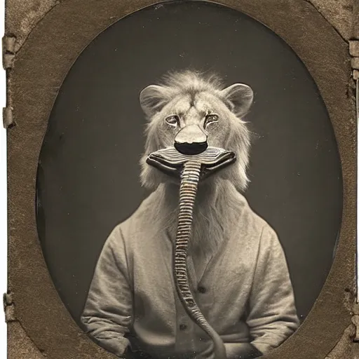 Image similar to tintype photo of a lion with a snake in his mouth