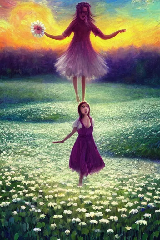 Image similar to giant white daisy flower as head, girl dancing in a flower field, surreal photography, sunrise, dramatic light, impressionist painting, colorful clouds, digital painting, artstation, simon stalenhag