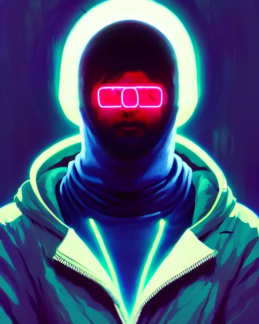 Image similar to cyberpunk synth, hyper - realistic detailed portrait of a man in a hoodie, with neon projection mask, digital painting, by atey ghailan, by greg rutkowski, by greg tocchini, by james gilleard, by joe fenton, by kaethe butcher, sharp focus