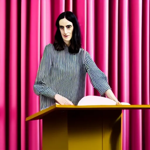 Image similar to design curator beatrice galilee wearing a striped top presenting at a lectern in front of pink curtains, 8 k photorealistic