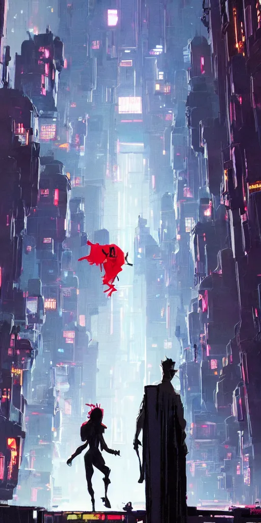 Image similar to the entrance of a stronghold located in the middle of spiderman : into the spider - verse ( 2 0 1 8 ) new york city, by ashley wood and phil hale, blade runner, masterpiece, award - winning, sharp focus, intricate concept art, ambient lighting, 8 k, artstation, pixiv