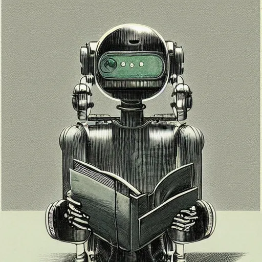 Prompt: retro dark vintage sci-fi, 2D matte illustration, robot reading a book in a park, art by Szukalski, Beksinski