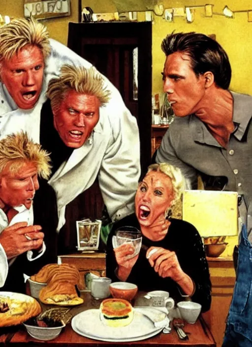 Image similar to gary busey is presented with the worst kind of food in a cafe and vows to eat the chef, by rick berry and norman rockwell