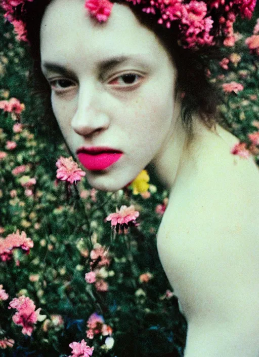 Prompt: extra close-up, color film photography, portrait of beautiful creature with flowers in heads, in style of nan goldin, 35mm, film photo