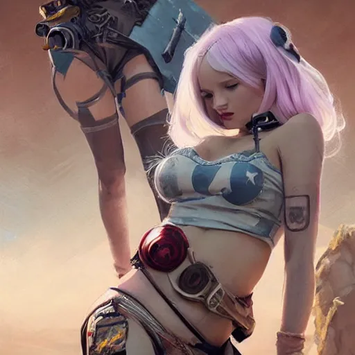 Image similar to lalisa gray and dove cameron as tank girl, fantasy, portrait, highly detailed, waist up, low camera angle, digital painting, trending on artstation, concept art, sharp focus, illustration, art by artgerm and greg rutkowski and magali villeneuve