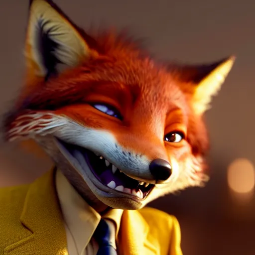 Image similar to weta disney pixar movie still macro close photo of smiling anthropomorphic fox wearing a suit : : by weta, greg rutkowski, wlop, ilya kuvshinov, rossdraws, artgerm, octane render, iridescent, bright morning, anime, liosh, mucha : :