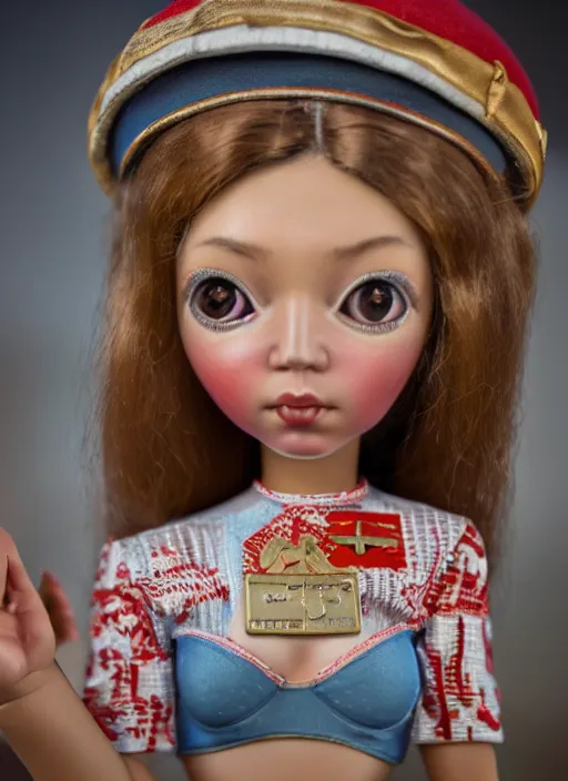 Image similar to closeup profile portrait of tin toy russian girl soviet test pilot, bikini, depth of field, zeiss lens, detailed, symmetrical, centered, fashion photoshoot, by nicoletta ceccoli, mark ryden, lostfish, breathtaking, 8 k resolution, extremely detailed, beautiful, establishing shot, artistic, hyperrealistic, octane render