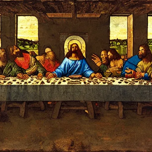 Prompt: Jesus as a comic book superhero in The Last Supper by Leonardo da Vinci