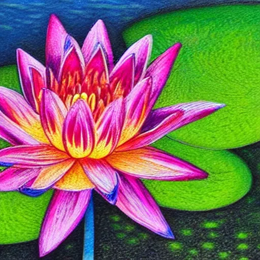 Prompt: a color pencil painting of a waterlily, floral painting, textile