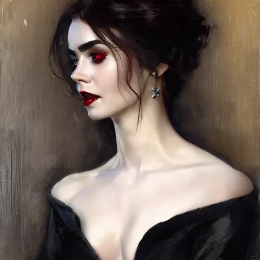 Image similar to detailed realistic cinematic wide shot of beautiful attractive lilly collins vampire woman wearing black bath robe slim face symettrical face clean skin black eyes black robe smooth, sharp focus, ultra realistic, spring light, painting by gaston bussiere, craig mullins, j. c. leyendecker