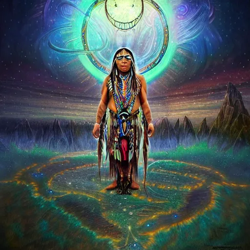 Prompt: : native american shamen fantasy, fantasy magic, cosmic, intricate, sharp focus, illustration, highly detailed, digital painting, cosmos, time travel, healing earth, concept art, matte, jahbu art and paul lewin masterpiece