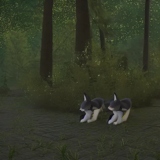 Image similar to second life in game screenshot of black foxes cuddling next to each other in a beautiful fantasy forest lit with fireflies, 3 d render, octane engine, unreal engine 4, 4 k screenshot