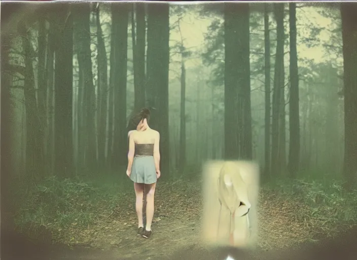 Image similar to medium shot, a young woman towards the camera, a demon is chasing her, woods, polaroid photo, vintage, neutral colors, by gregory crewdson